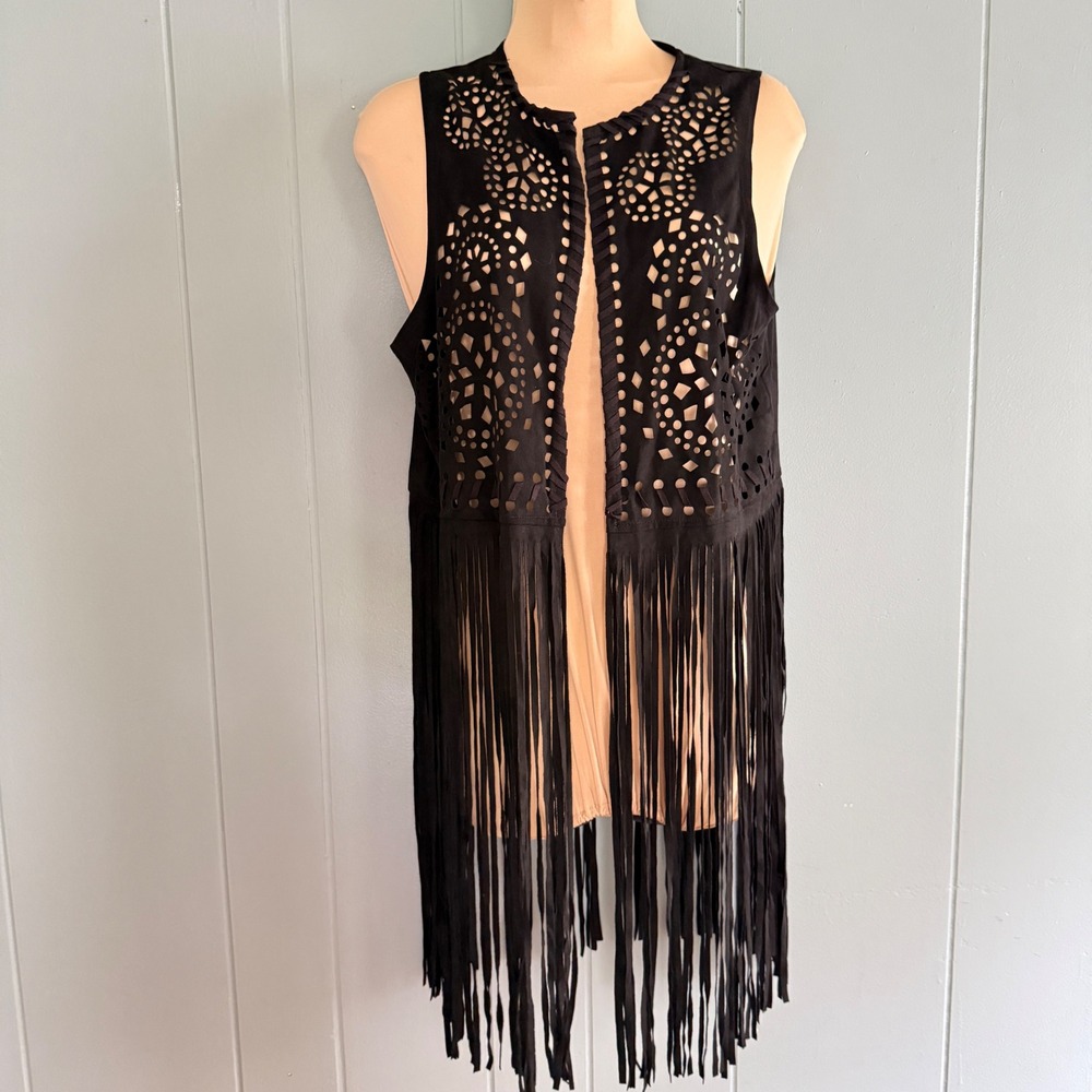 Black Faux Suede Laser Cut Long Fringe Vest S Boho Festival Western Coachella